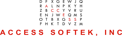 Letter grid puzzle with scattered red letters above the red text ACCESS SOFTEK, INC