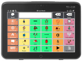 Compact touchscreen tablet displaying a grid of colorful communication icons for augmentative and alternative communication (AAC).